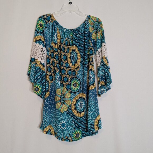 WIN WIN Pinwheel Sleeve Pullover Tunic; Teal Print w White Lace; Size L-XL - Picture 2 of 4